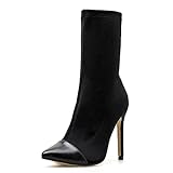 DAILINER Frauen Stretch Lycra Sockstiefel Spitzzehe elastische hohe Stiefel Slip auf High Heel Ankle Boots,42,Black