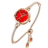 Tonnier Uhren Damen Analog Quarz Uhr Mosaik mit Diamanten Armband Kleid Uhr für Frauen Wasserdicht Armbanduhr mit Rosegold Armband rot